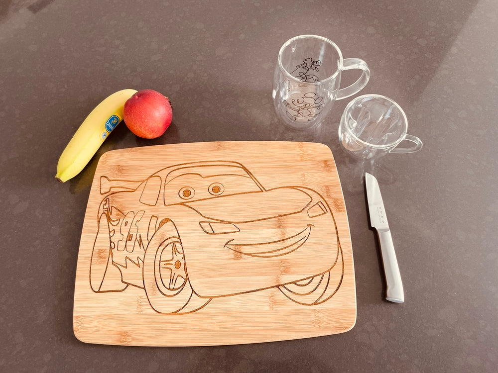 Large bamboo breakfast board with Lightning McQueen from Cars