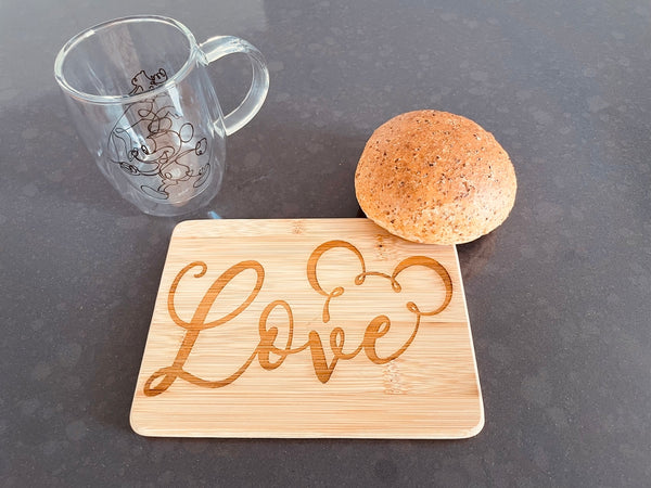 Small bamboo breakfast board with Love Mickey signature