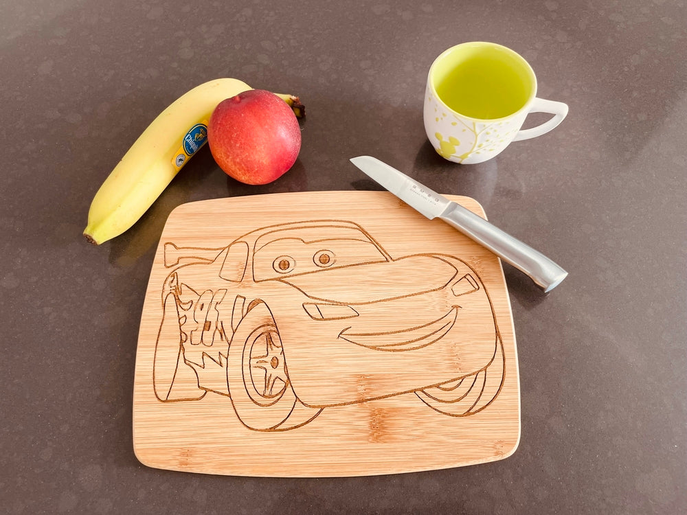 Medium bamboo breakfast board with Lightning McQueen from Cars