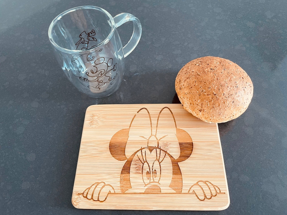 Small bamboo breakfast board with a peeking Minnie