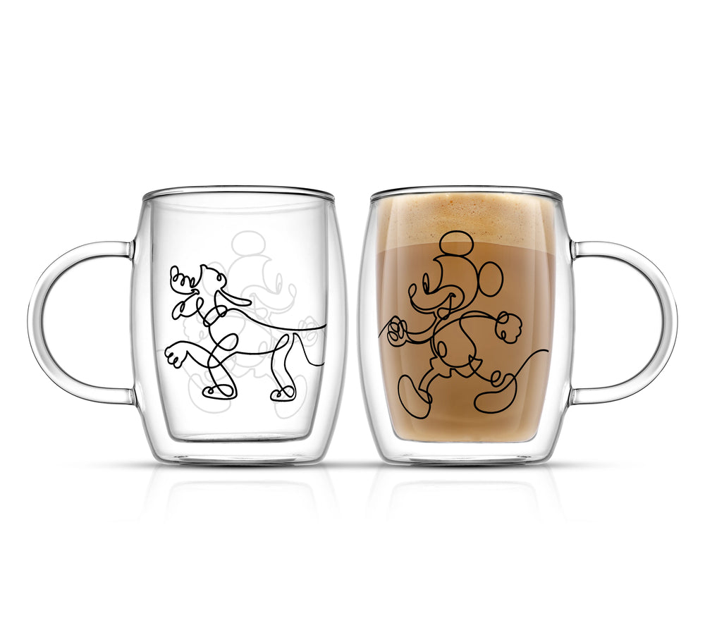 Set of 2 glass coffee mugs with Mickey & Pluto